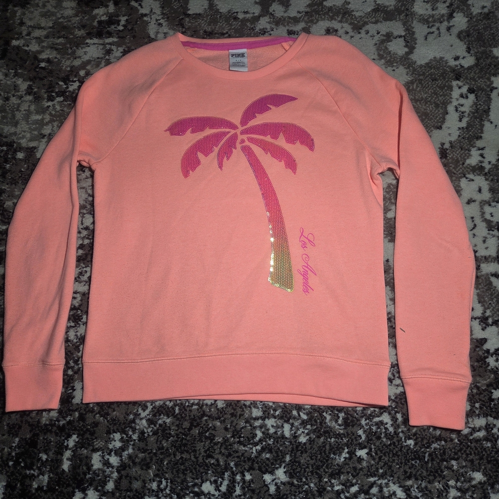 Victoria's Secret PINK Los Angeles Palm Tree Sweatshirt Peach Sequin Logo Sz S